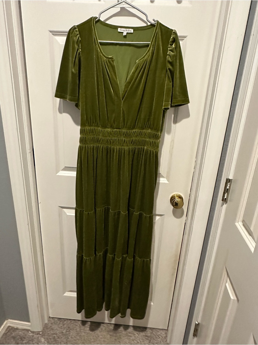 Baltic Born Olive Green Velvet V‑Neck Tiered Maxi Dress